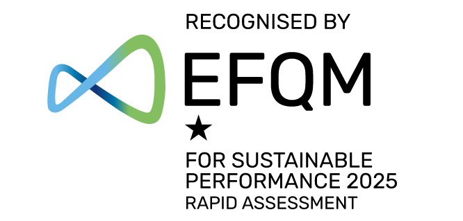 Logo EFQM. Recognised by EFQM for sustainable performance 2025. Rapid Assessement. 1*.